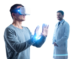  Virtual Reality Telemedicine Consultation with 3D Hologram Doctor, futuristic scene, isolated