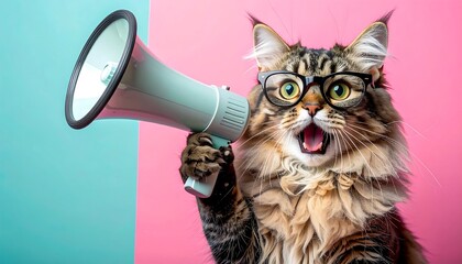Fototapeta premium Adorable fluffy cat in glasses holding a megaphone with paw, realistic photo style, isolated on pastel background with large copy space for message or banner. 