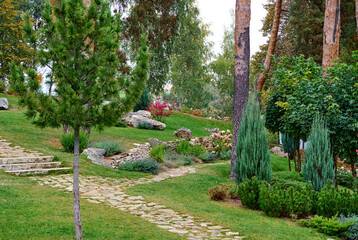 A public place.
Summer city park, urban park landscaping, plants, trees