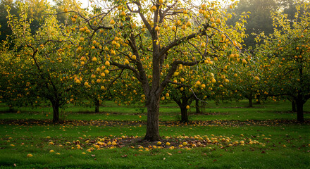Golden pears hang heavy on branches of a tree in a sunlit orchard, casting dappled shadows on the grassy ground below