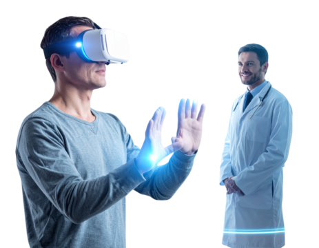  Virtual Reality Telemedicine Consultation with 3D Hologram Doctor, futuristic scene, isolated