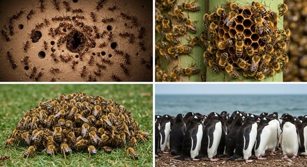 Ant colony building their nest, honey bees creating honeycomb, and penguins huddled together for warmth in a captivating wildlife compilation