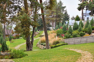A public place.
Summer city park, urban park landscaping, plants, trees