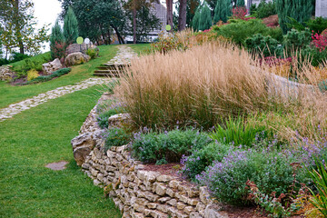 A public place.
Summer city park, urban park landscaping, plants, trees