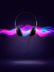Headphones with colorful sound waves on dark background