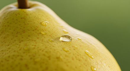 Macro shot of a ripe pear with water droplets, showing texture and freshness in a close-up