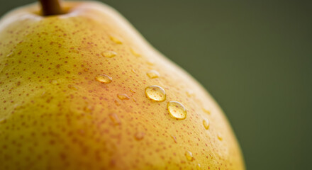 Close-up of a fresh, ripe pear glistening with delicate water droplets on its vibrant yellow-green skin, showcasing nature's refreshing beauty