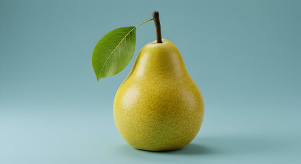 A Bright Yellow Pear with a Fresh Green Leaf on a Clean Blue Background