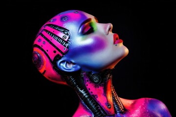 Futuristic cybernetic portrait with vibrant neon colors