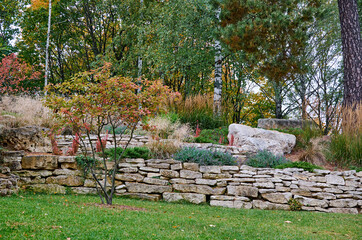 A public place.
Summer city park, urban park landscaping, plants, trees