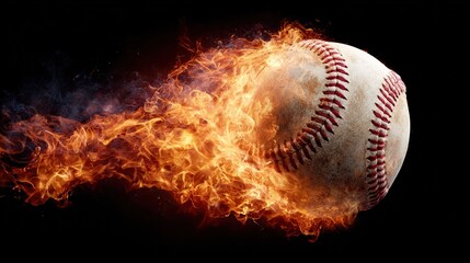 baseball. Baseball with dramatic fiery effect isolated on pure black background with intense flames. event key visuals, club posters, designed for sports event promotions and stadium branding.

