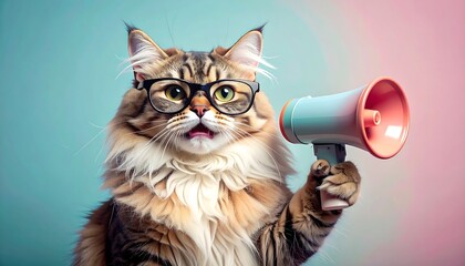 Fototapeta premium Cool cat wearing sunglasses and holding a megaphone, minimal studio background with wide empty space for text, creative advertising or social media campaign design. 
