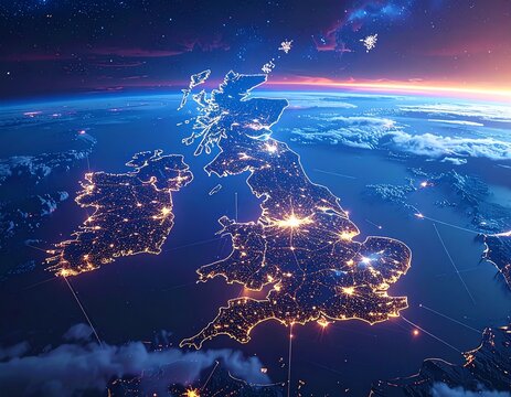 An illuminated outline of the United Kingdom viewed from space at dusk.