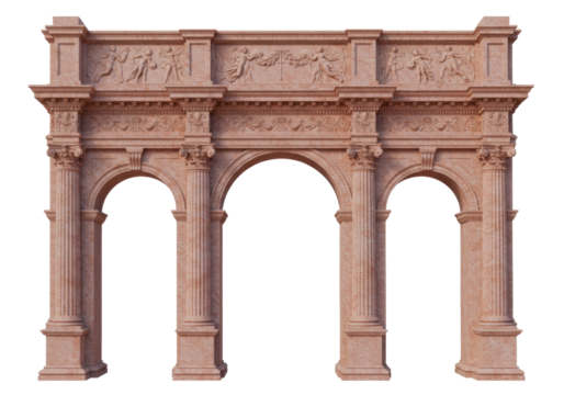 Isolated classical architectural archway structure with ornate stone columns and intricate relief carvings on the frieze depicting ancient figures