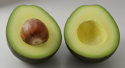 Two halves of an avocado, one with a large pit and the other empty, showcasing the fruit's texture and vibrant green flesh