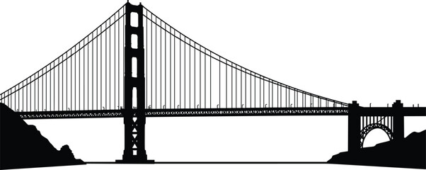Golden Gate Bridge silhouette, San Francisco suspension bridge, iconic landmark, engineering marvel, civil construction, vector illustration, skyline, USA heritage, travel architecture, 