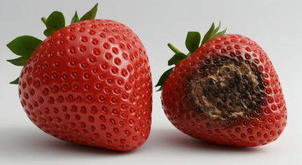 A detailed close-up shot comparing a fresh, vibrant red strawberry with another that is rotten and decaying, highlighting food spoilage