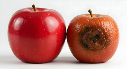 Conceptual image showing the stark contrast between a fresh, vibrant red apple and a rotten, decaying one on a clean white background