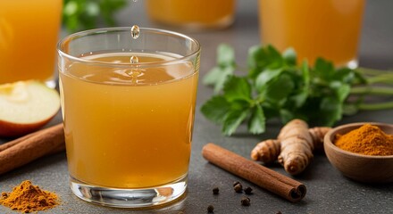 Invigorating apple cider vinegar tonic with turmeric and cinnamon for wellness and a healthy lifestyle, naturally delicious and vibrant for detox and immunity boost