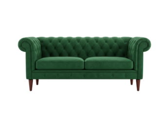 Isolated elegant green velvet Chesterfield two seater sofa classic furniture for modern home interior design comfort and style