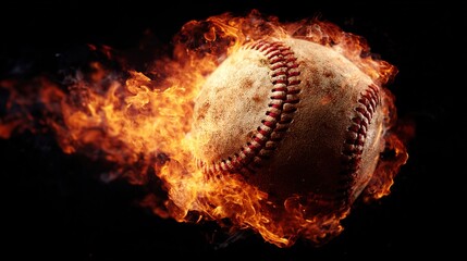 baseball. Baseball with dramatic fiery effect isolated on pure black background with intense flames. event key visuals, club posters, designed for sports event promotions and stadium branding.
