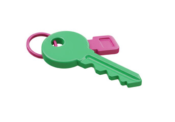 Isolated vibrant green key with a pink keyring and small pink tag modern 3D render illustration for security access and property concepts