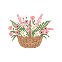 Spring floral basket arrangement delicate pink white flowers ferns botanical garden vector
