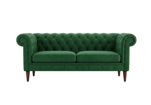 Isolated elegant green velvet Chesterfield two seater sofa classic furniture for modern home interior design comfort and style