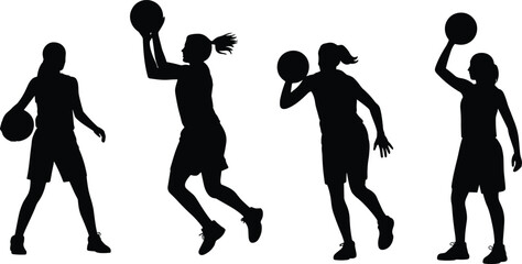 Silhouette of female basketball players in action, dribbling, shooting, holding ball, sports training, team game, athlete movement isolated on white background