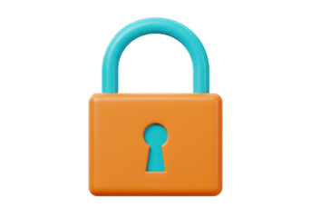 Isolated 3D render of a vibrant orange padlock with a bright blue shackle and keyhole symbolizing digital security and data protection