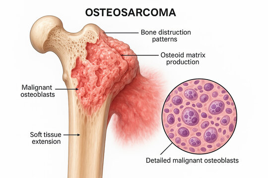 Illustration of Osteosarcoma, a type of bone cancer, showing bone destruction patterns, osteoid matrix production, malignant osteoblasts, and soft tissue extension.