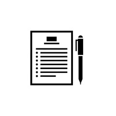 A black vector folder icon with a clipboard and pen represents document data storage in an office computer technology setting