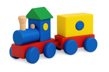 Wooden toy train with colorful blocks on transparent background