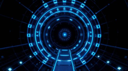 Dynamic Neon Blue Digital Tunnel Vision with Pulsating Concentric Circuitry
