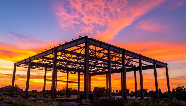 Steel framework of a building under construction silhouetted against a colorful sunset.