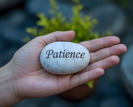 White Stone with “Patience” Word in Hand – Inspirational Mindfulness Concept
