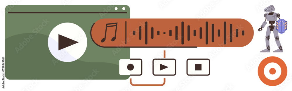 Aufkleber media player interface with audio waveform, playpause buttons, and robot holding shield. ideal for t