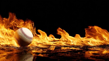 baseball. Baseball with dramatic fiery effect isolated on pure black background with intense flames. event key visuals, club posters, designed for sports event promotions and stadium branding.
