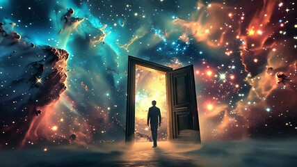 man walking into fantastic world through open door, new beginnings and new life, gate to heaven, afterlife and paradise concept 4k
