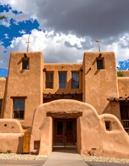 Adobe church facade under a dramatic sky