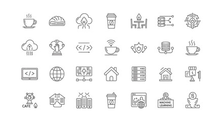 Comprehensive collection of modern line icons depicting cloud computing, data management, web development, and digital lifestyle elements, perfect for technology and cafe-themed projects