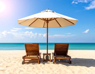 Beach chairs and umbrella on a sunny shore