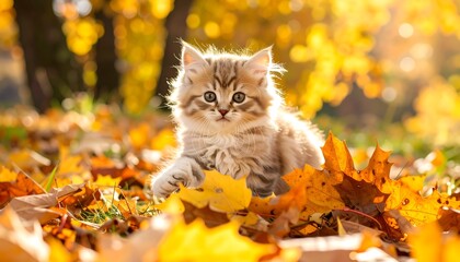 Adorable kitten amidst autumn leaves
