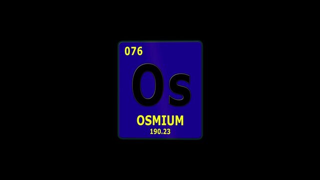 Osmium Element 76 of Periodic Table. Seamlessly looping 3D animation on glowing black background.