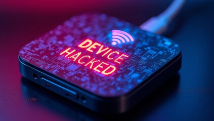 Close-up of a device with a glowing 'Device Hacked' message, emphasizing cybersecurity concerns.