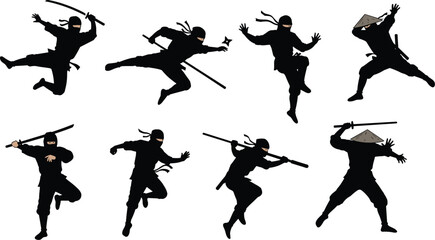 A set of ninja silhouettes in various dynamic poses with swords and shurikens, representing martial arts and combat.