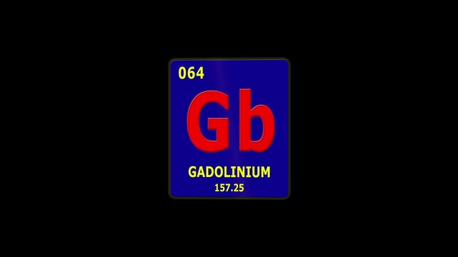 Gadolinium Element 64 of Periodic Table. Seamlessly looping 3D animation on glowing black background.