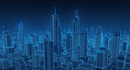 Futuristic City Landscape Background Blue. Low poly wireframe night buildings with glowing effect. Abstract tech smart cityscape background. Innovation skyscrapers and offices. Vector illustration.