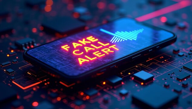 A smartphone displaying a vibrant 'Fake Call Alert' notification with a futuristic circuit board background. - Powered by Adobe