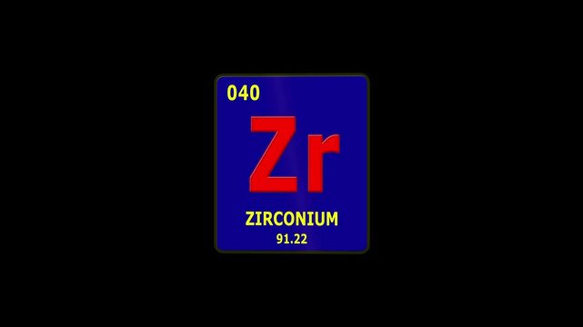 Zirconium Element 40 of Periodic Table. Seamlessly looping 3D animation on glowing black background.